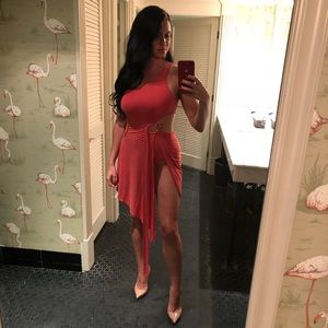 Hugh slit build in body suit party dress